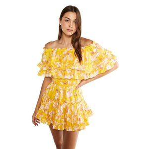 MISA Luella Floral Chiffon Off Shoulder Dress Yellow Washed Wildflower S NEW